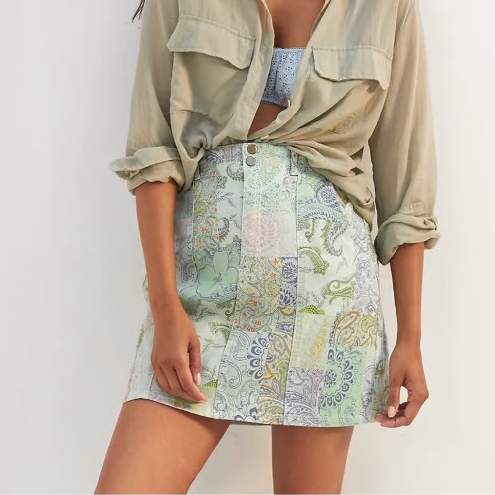 Anthropologie Pilcro Floral Paisley Patchwork Mini Skirt, Green, Blue, 6